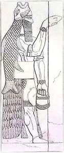 In his left hand,